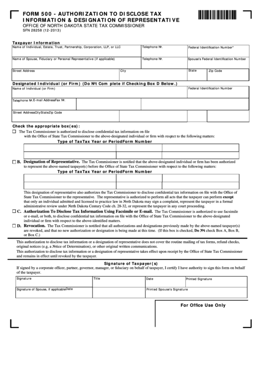 Fillable Form 500 - Authorization To Disclose Tax Information & Designation Of Representative Printable pdf
