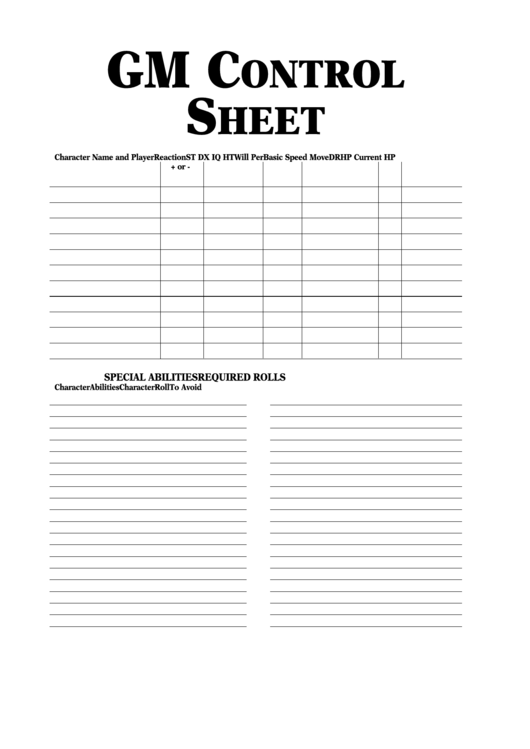 Gm Control Sheet Template Printable pdf