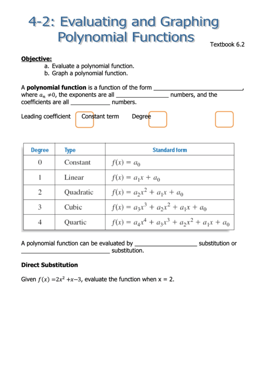 Evaluating And Graphing Polynomial Functions Printable pdf