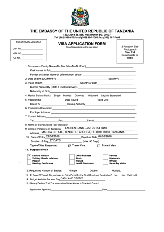 Fillable Visa Application Form - The Embassy Of The United Republic Of Tanzania Printable pdf