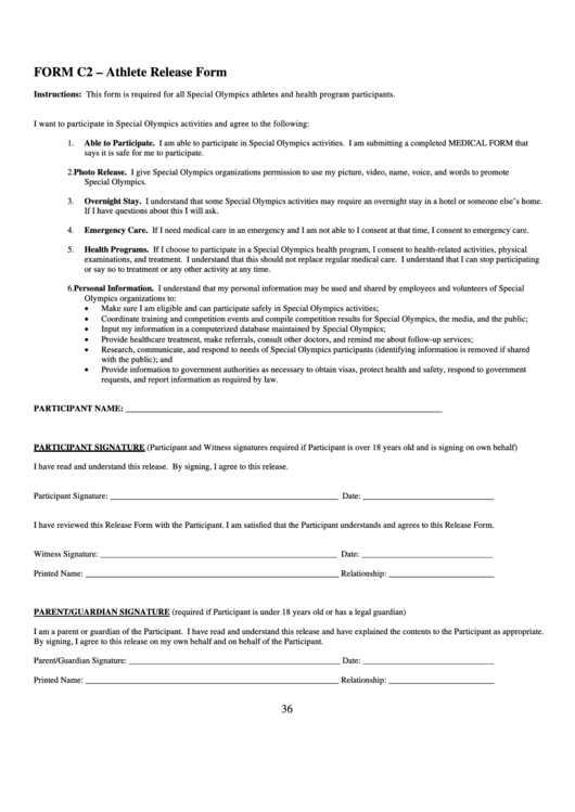 Form C2 - Athlete Release Form - Special Olympics