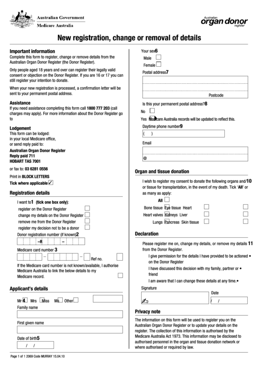 Organ Donor Register - Registration, Change Or Removal Of Details Printable pdf