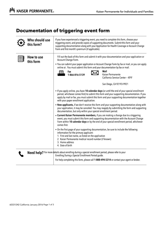 Fillable Documentation Of Triggering Event Form - Kaiser Permanente Printable pdf