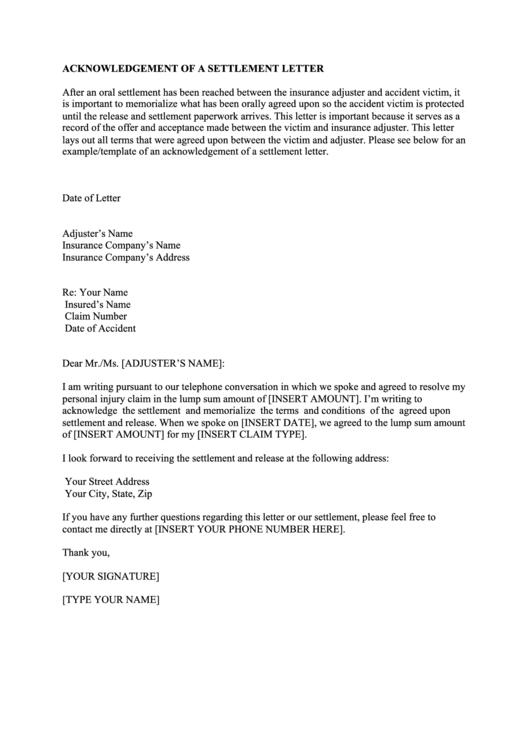 Acknowledgement Of A Settlement Letter - Sample Printable pdf