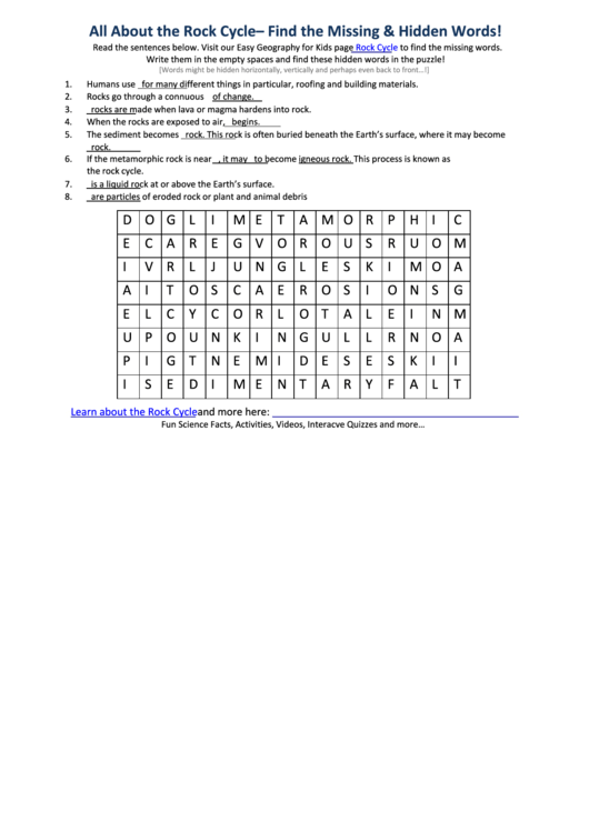 Rock Cycle Crossword Template Printable pdf