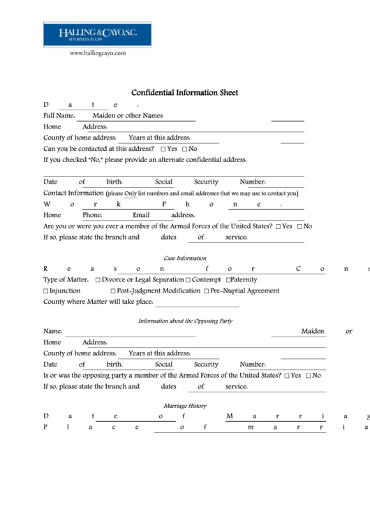 Confidential Information Sheet Printable pdf
