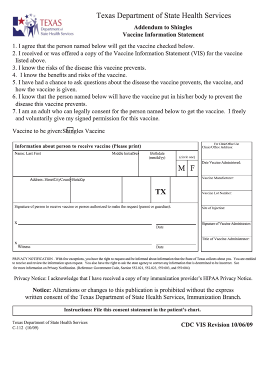 Form C-112 - Addendum To Shingles Vaccine Information Statement - Texas Department Of State Health Services Printable pdf