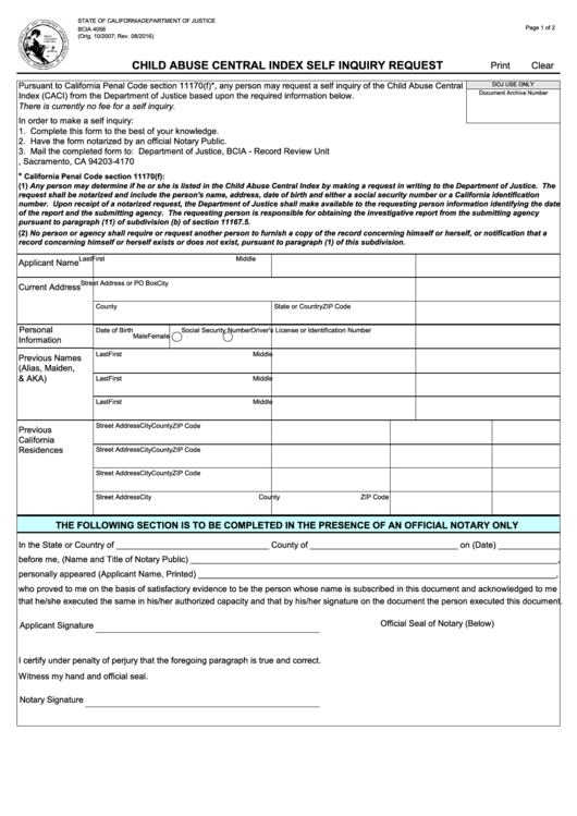 Fillable Bcia 4056 - Child Abuse Central Index Self Inquiry Request - Department Of Justice, State Of California Printable pdf