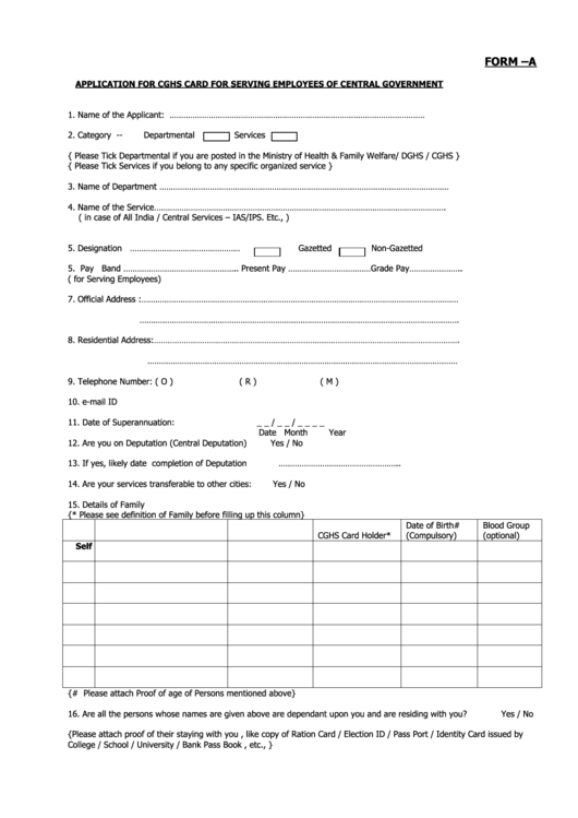 Form -A Application For Cghs Card For Serving Employees Of Central Government Printable pdf