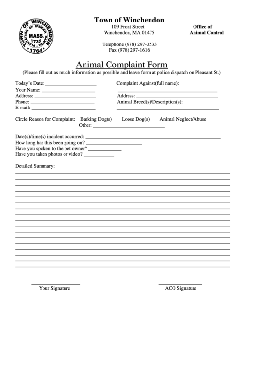 Animal Complaint Form Printable pdf