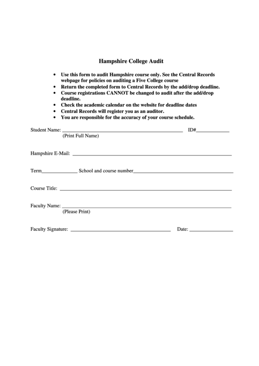 Sample Hampshire College Audit Form Printable pdf