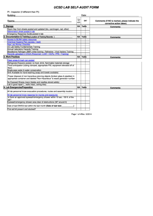 Ucsd Lab Self-Audit Form Printable pdf