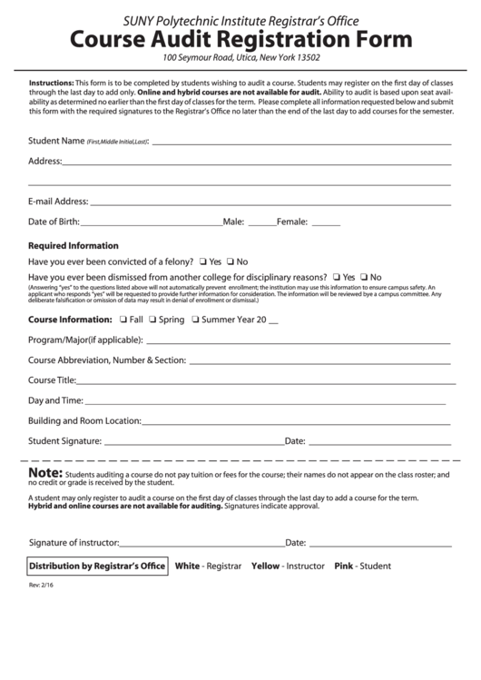Course Audit Registration Form Printable pdf