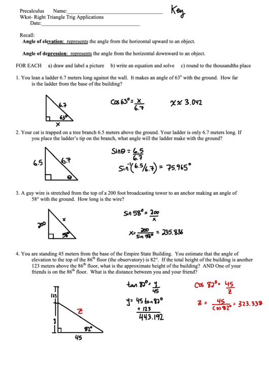 Wkst- Right Triangle Trig Apps Printable pdf