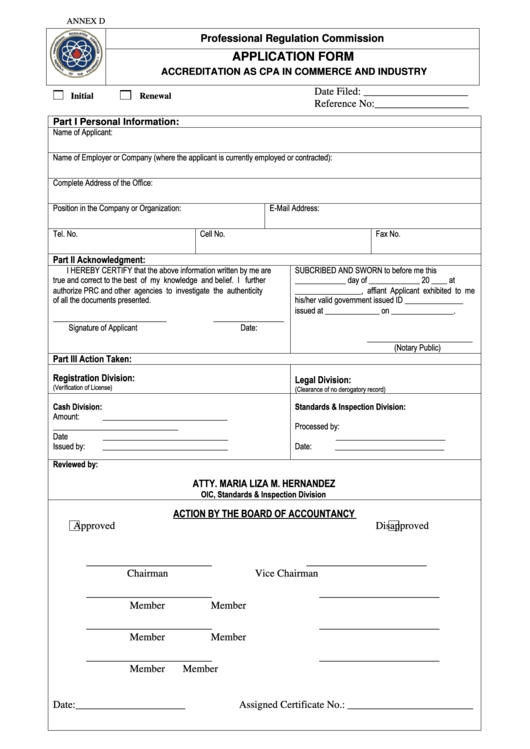 Application Form Accreditation As Cpa In Commerce And Industry Printable pdf