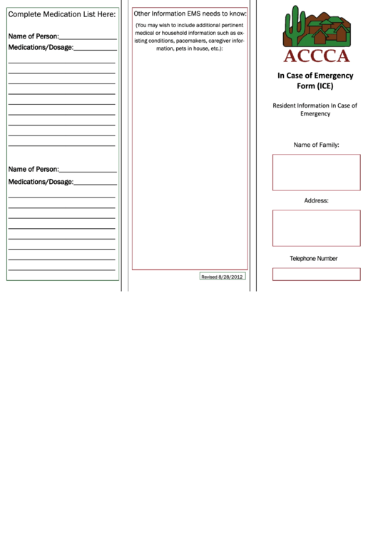 Fillable In Case Of Emergency Form (Ice) - Accca Printable pdf