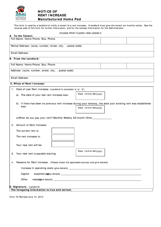 Fillable Notice Of Rent Increase Form - Manufactured Home Pad Printable pdf