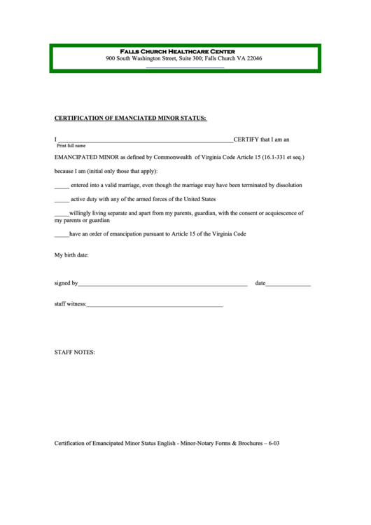 Certification Of Emancipated Minor Status Printable pdf