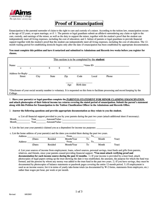 Petition For Emancipation Printable pdf