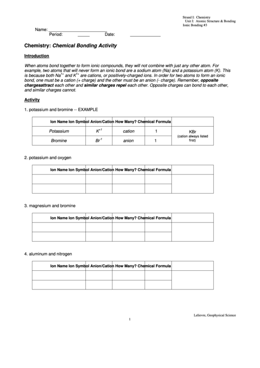 Chemistry: Chemical Bonding Activity Worksheet Template Printable pdf