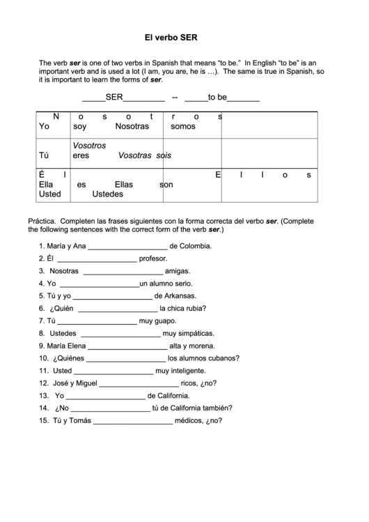 Gramatica El Verbo Ser Worksheet Answers 1 10