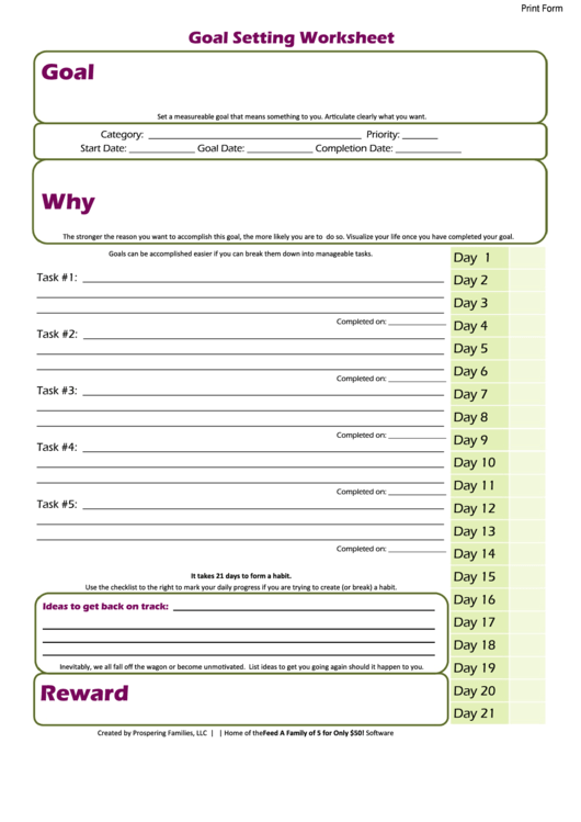 Fillable Goal Setting Worksheet Form Printable pdf