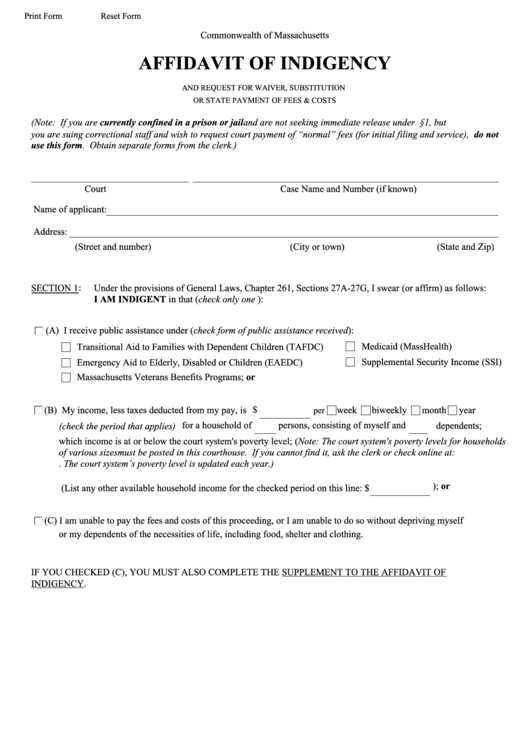 Fillable Affidavit Of Indigency - Commonwealth Of Massachusetts Printable pdf
