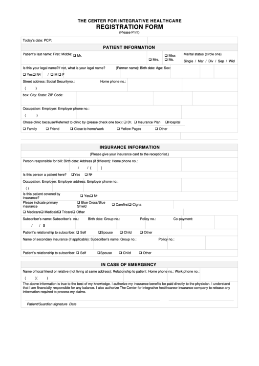 Registration Form - The Center For Integrative Healthcare Printable pdf