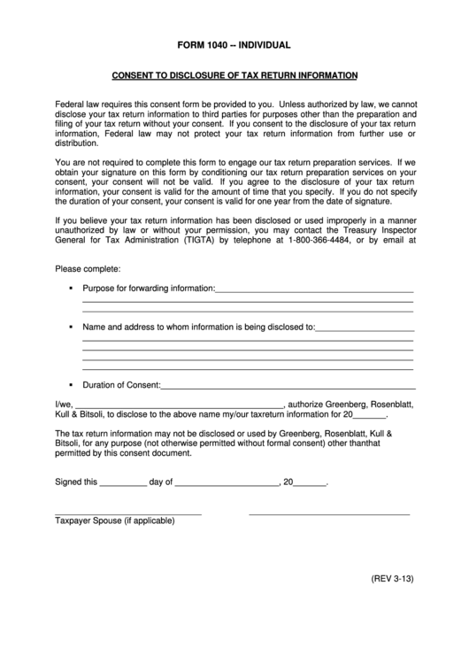 Fillable Consent To Disclosure Of Tax Return Information (Form 1040 - Individual) Printable pdf