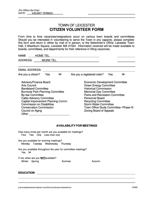 Citizen Volunteer Form - Town Of Leicester Printable pdf
