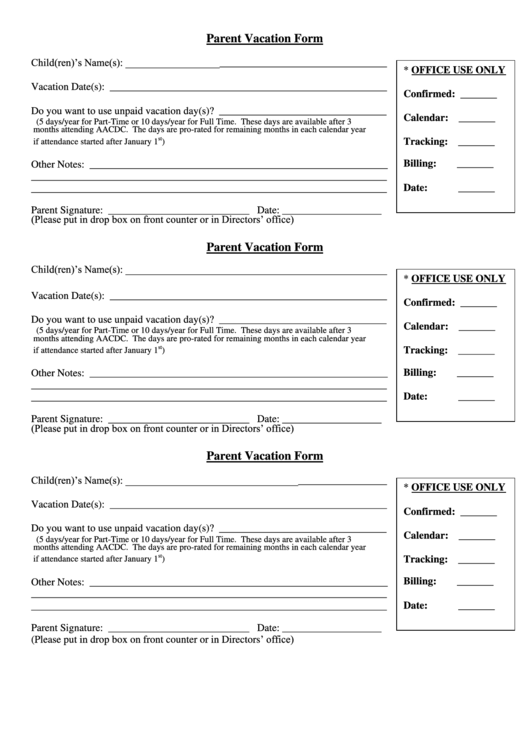 Parent Vacation Form Printable pdf