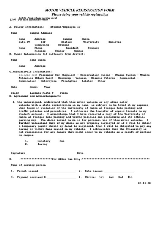 Fillable Motor Vehicle Registration Form Printable pdf