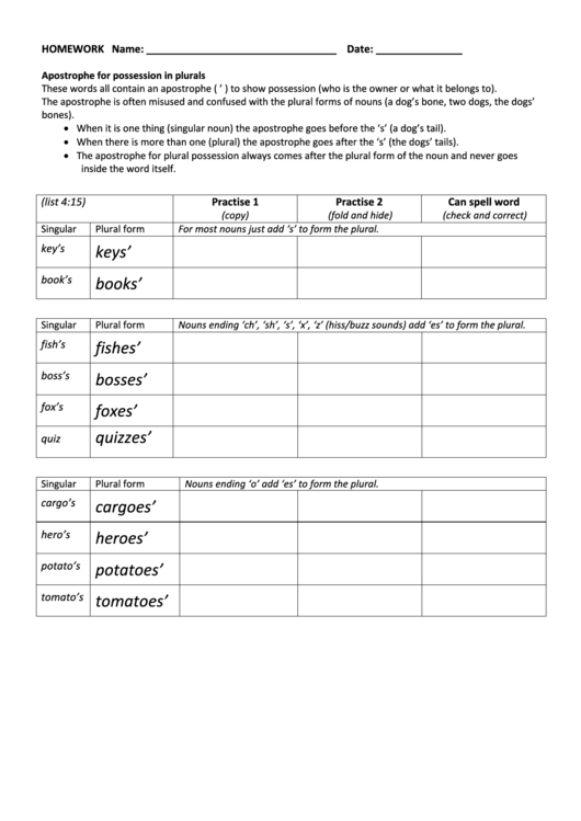 Apostrophe For Possession In Plurals Homework Printable pdf
