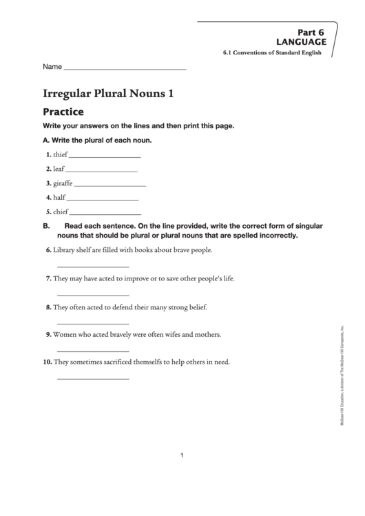 Fillable Irregular Plural Nouns Worksheet Printable pdf