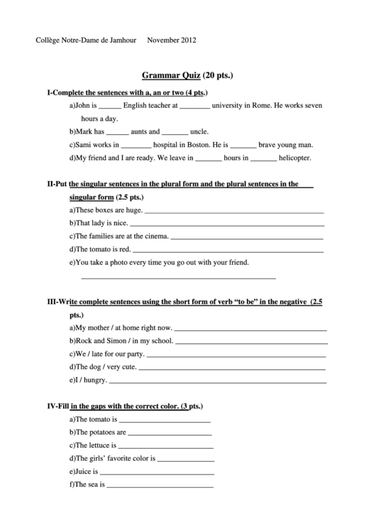 English Grammar Quiz Printable pdf