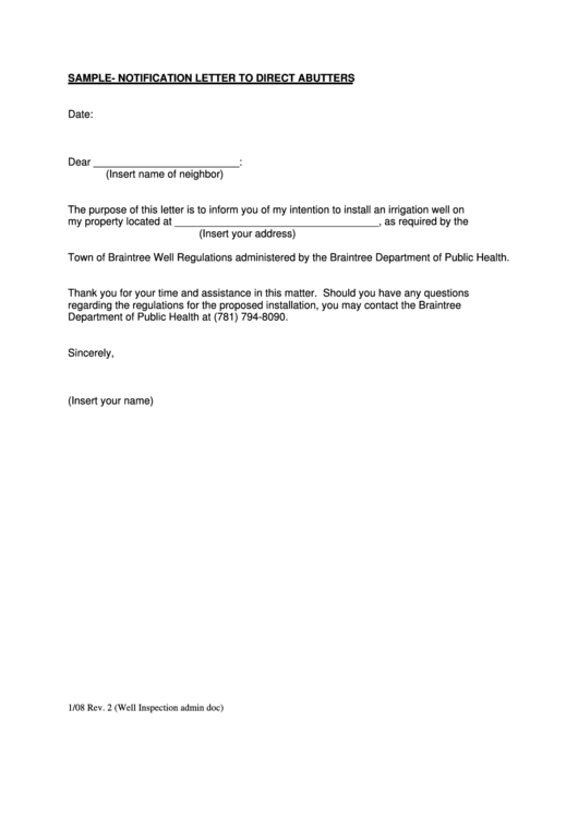 Sample - Notification Letter To Direct Abutters Printable pdf