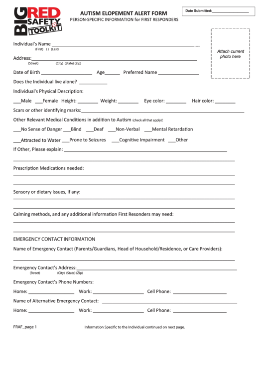 Autism Elopement Alert Form - Person-Specific Information For First Responders Printable pdf
