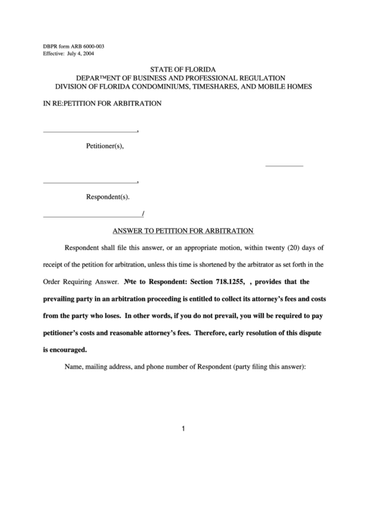 Fillable Answer To Petition For Arbitration Printable pdf