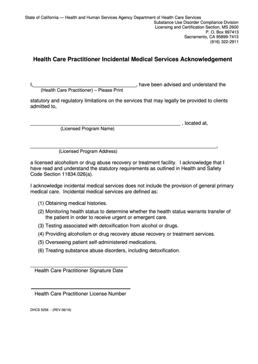Dhcs 5256 Health Care Practitioner Incidental Medical Services Acknowledgement