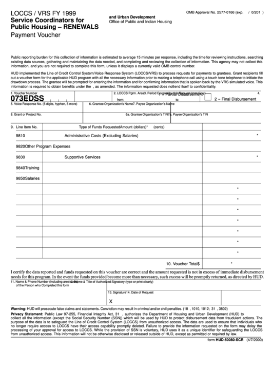 Fillable Form Hud-50080-Scr - Service Coordinators For Public Housing - Renewalspayment Voucher Printable pdf