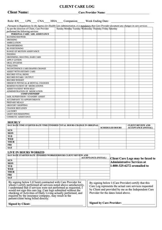 Clien Medical Care Log Printable pdf