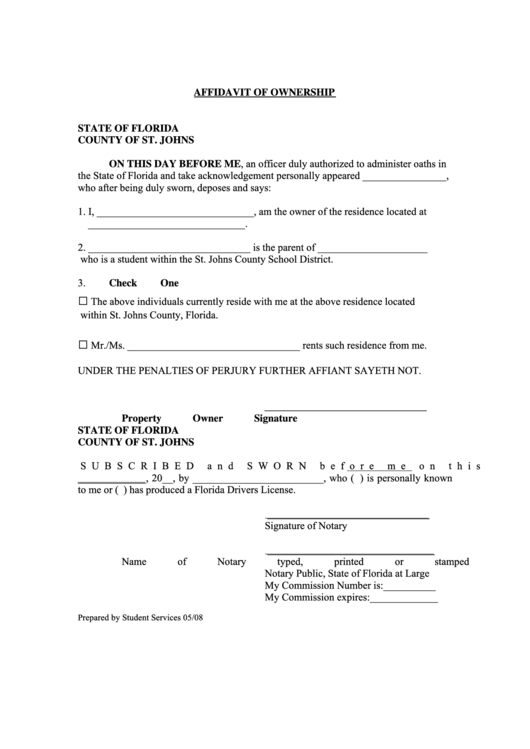 Affidavit Of Ownership Printable pdf