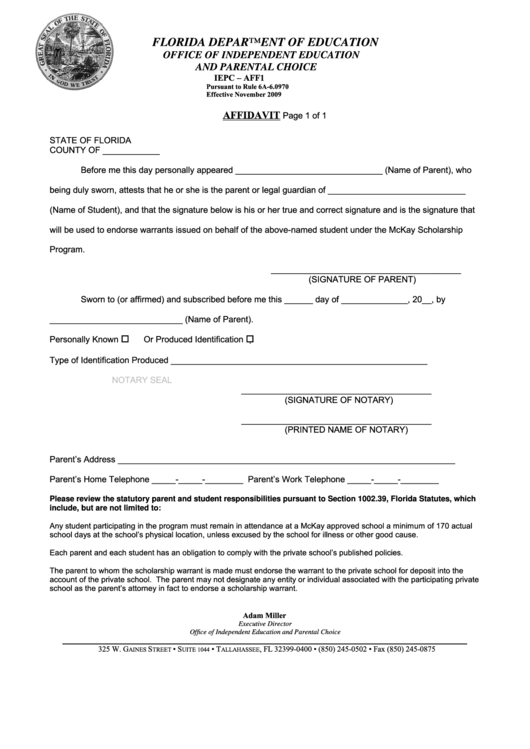 Scholarship Parent Affidavit Printable pdf