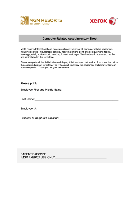 Computer-Related Asset Inventory Sheet Template - Sample Printable pdf