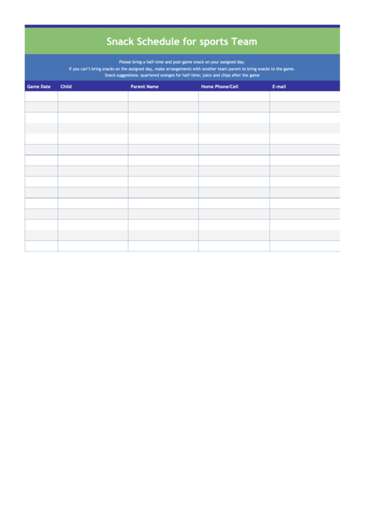 Snack Schedule Template For Sports Team Printable pdf