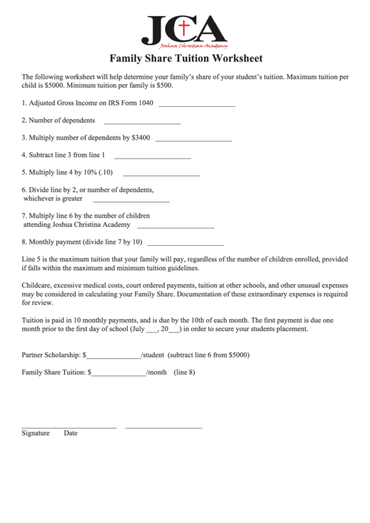 Family Share Tuition Worksheet