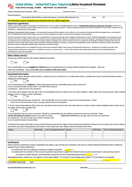 Lifeline Household Worksheet Printable pdf
