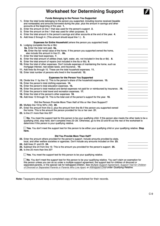 Worksheet For Determining Support For Taxpayers