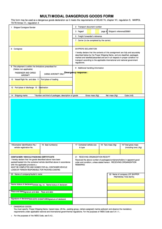 Multimodal Dangerous Goods Form Printable Pdf Download