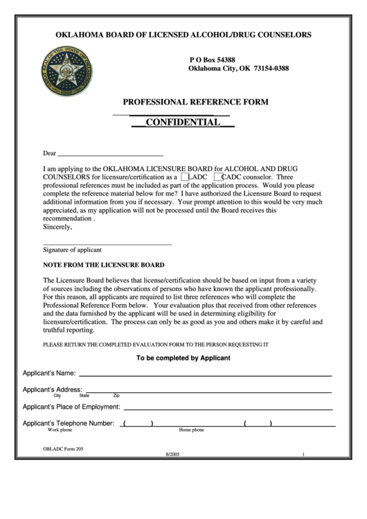 Obladc Form 205 Oklahoma Board Of Licensed Alcohol/drug Counselors - Professional Reference Form Printable pdf